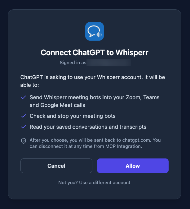 Halaman Connect ChatGPT to Whisperr dari Whisperr yang mencantumkan apa saja yang akan bisa dilakukan ChatGPT, dengan tombol Cancel dan Allow