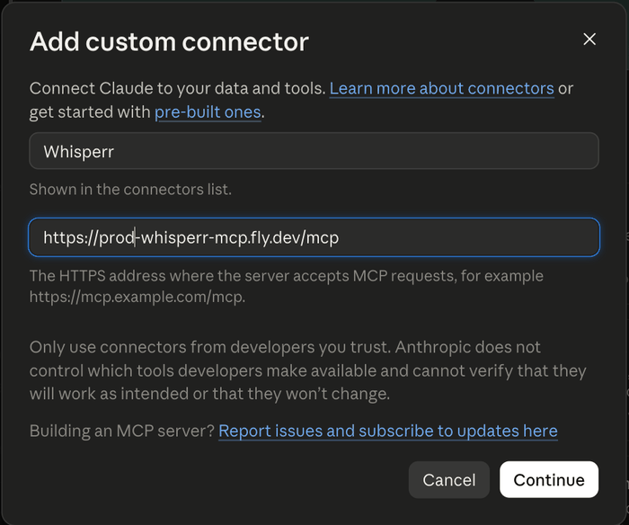 Kotak Add custom connector dengan Whisperr sebagai nama dan alamat konektor di kolom kedua