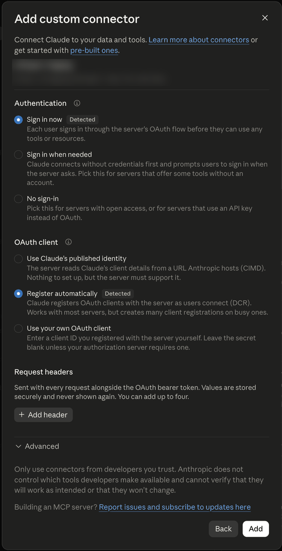 Layar autentikasi Claude dengan Sign in now dan Register automatically sama-sama bertanda Detected, bagian Request headers yang kosong, dan tombol Add