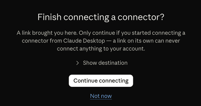 Halaman Finish connecting a connector di browser, dengan Continue connecting dan Not now