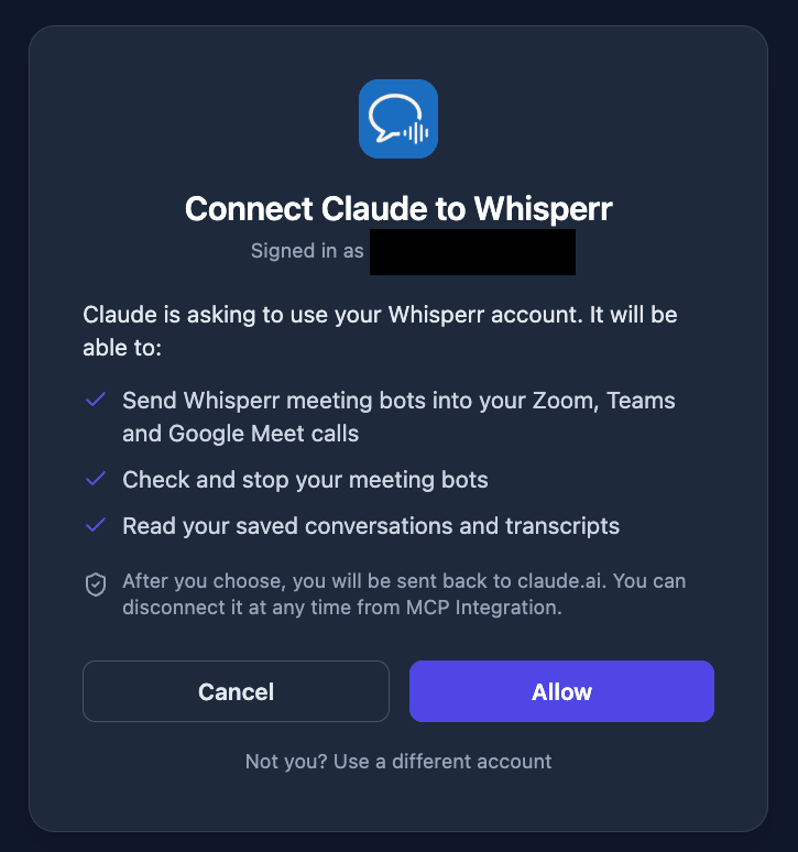 Halaman Connect Claude to Whisperr dari Whisperr yang mencantumkan apa saja yang akan bisa dilakukan Claude, dengan tombol Cancel dan Allow