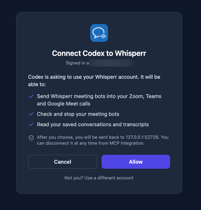 Halaman Connect Codex to Whisperr dari Whisperr yang mencantumkan apa saja yang akan bisa dilakukan Codex, dengan tombol Cancel dan Allow