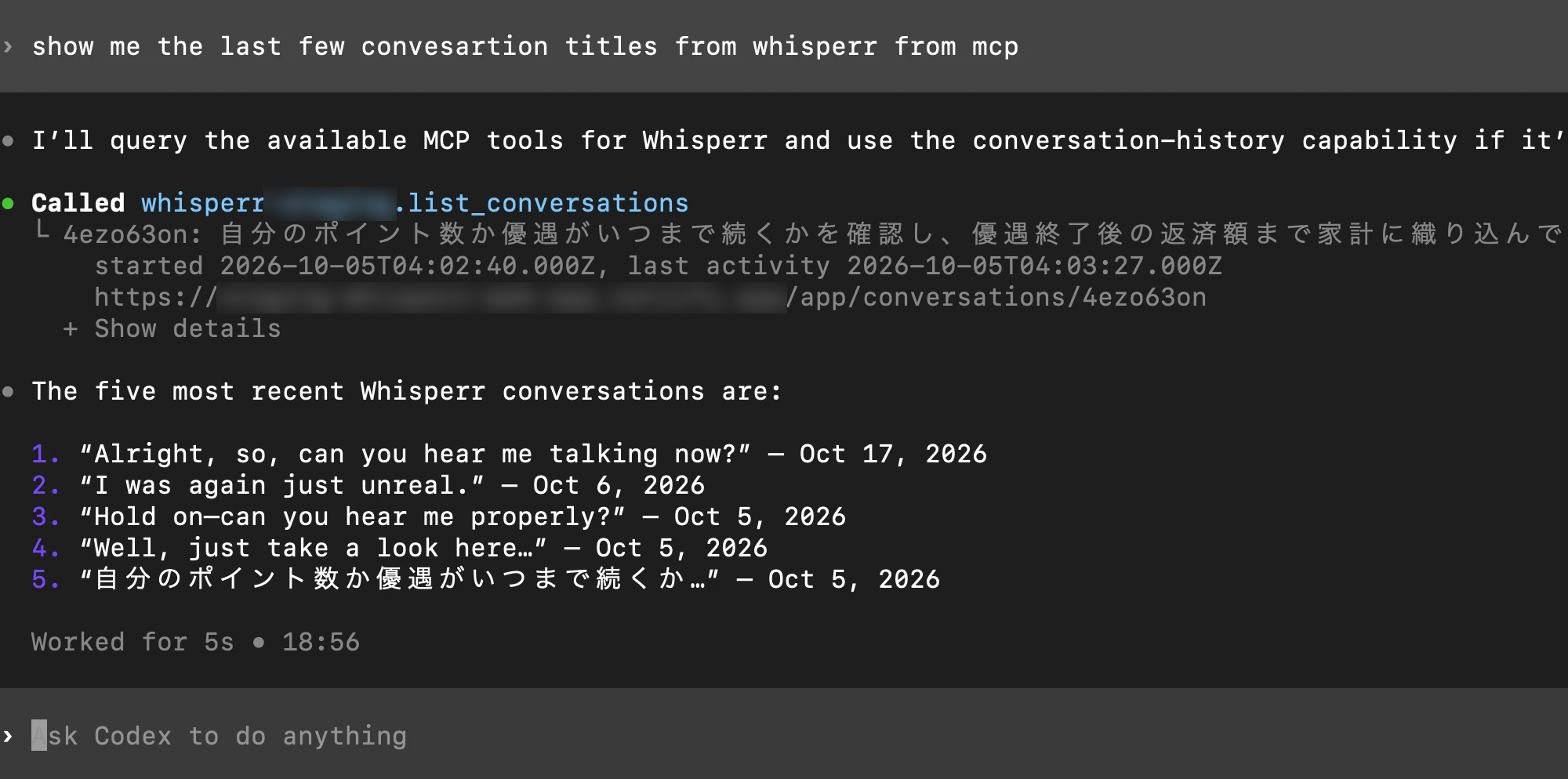 Codex menampilkan lima percakapan Whisperr terbaru setelah memanggil alat list_conversations milik Whisperr