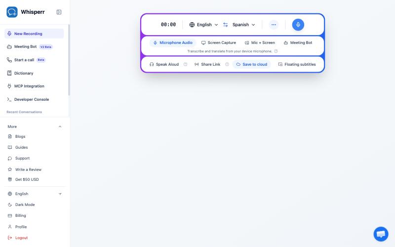 Sidebar Aplikasi Web Whisperr dengan Integrasi MCP tercantum di bawah Kamus