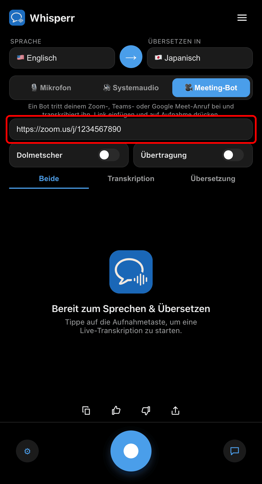 Pasting a meeting link into the Meeting Bot field in the Whisperr desktop app
