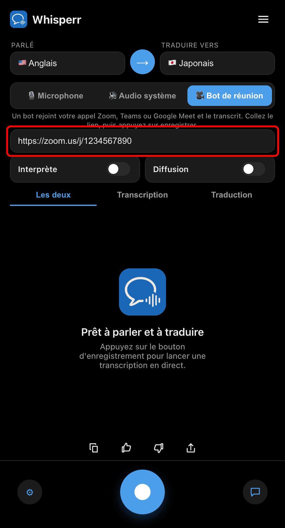 Pasting a meeting link into the Meeting Bot field in the Whisperr desktop app