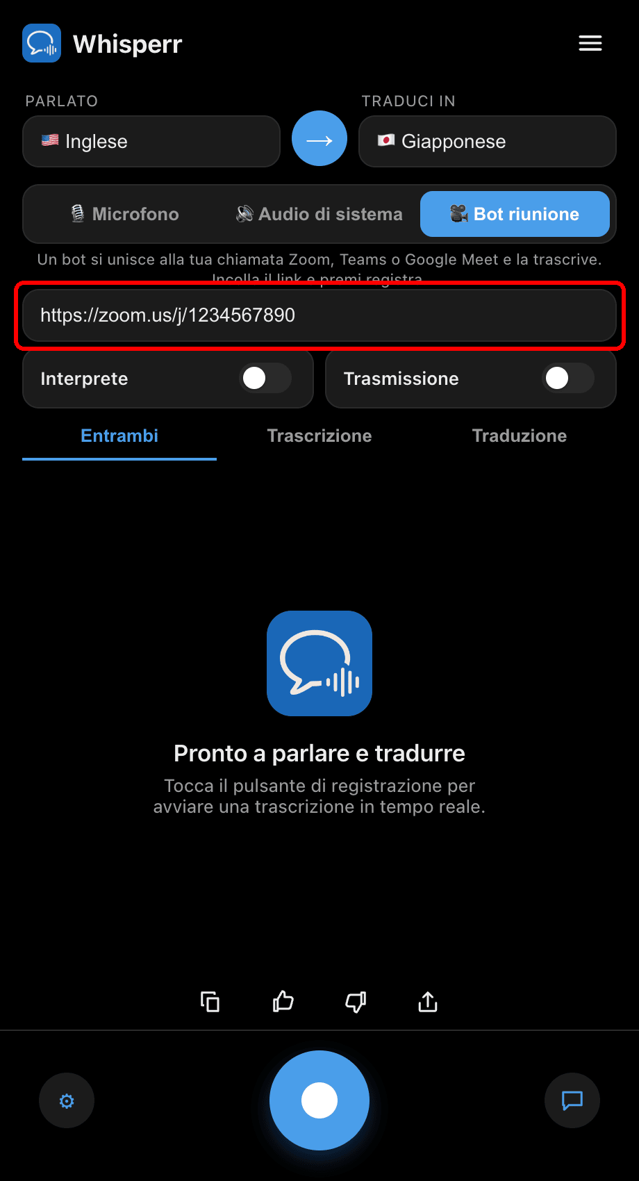 Pasting a meeting link into the Meeting Bot field in the Whisperr desktop app