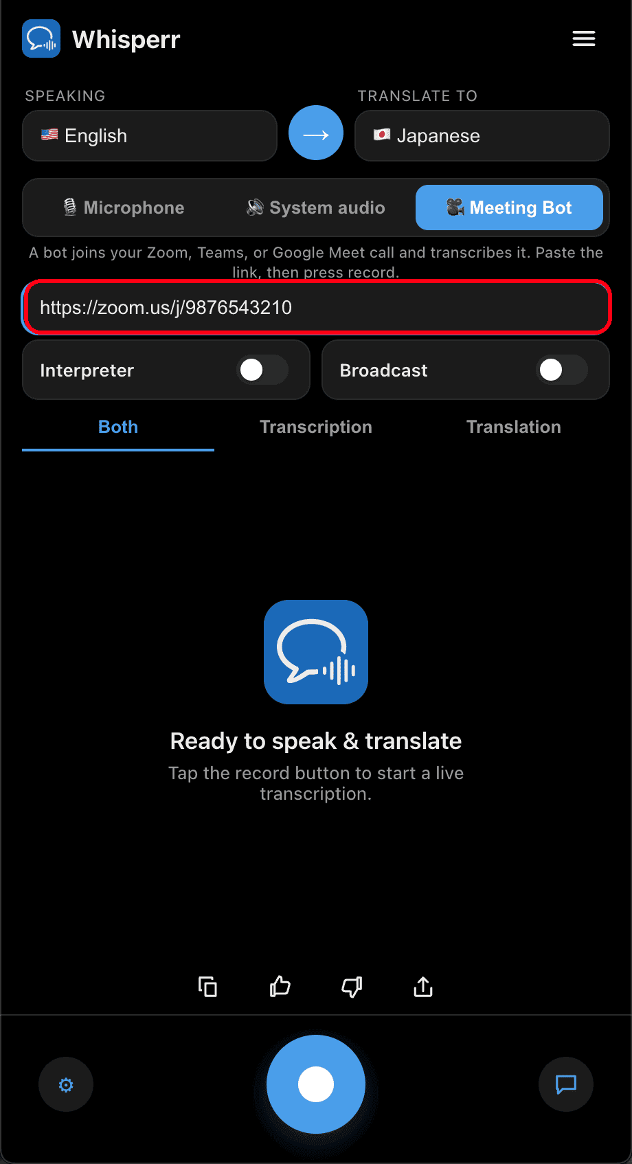 Pasting a meeting link into the Meeting Bot field in the Whisperr desktop app