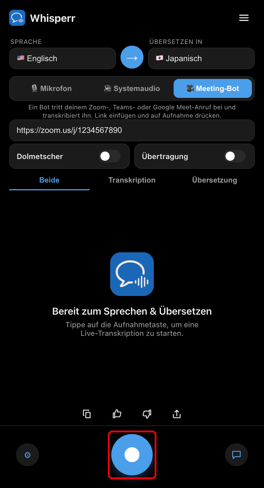 Clicking the record button to send the bot into the meeting in the Whisperr desktop app