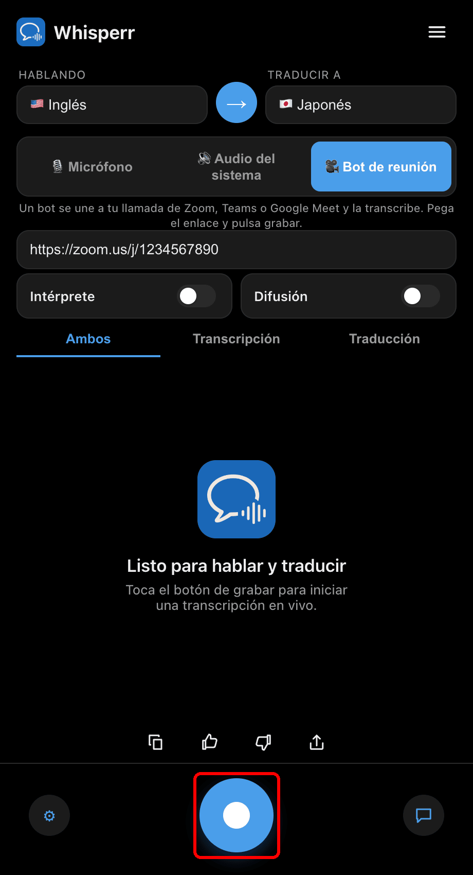 Clicking the record button to send the bot into the meeting in the Whisperr desktop app