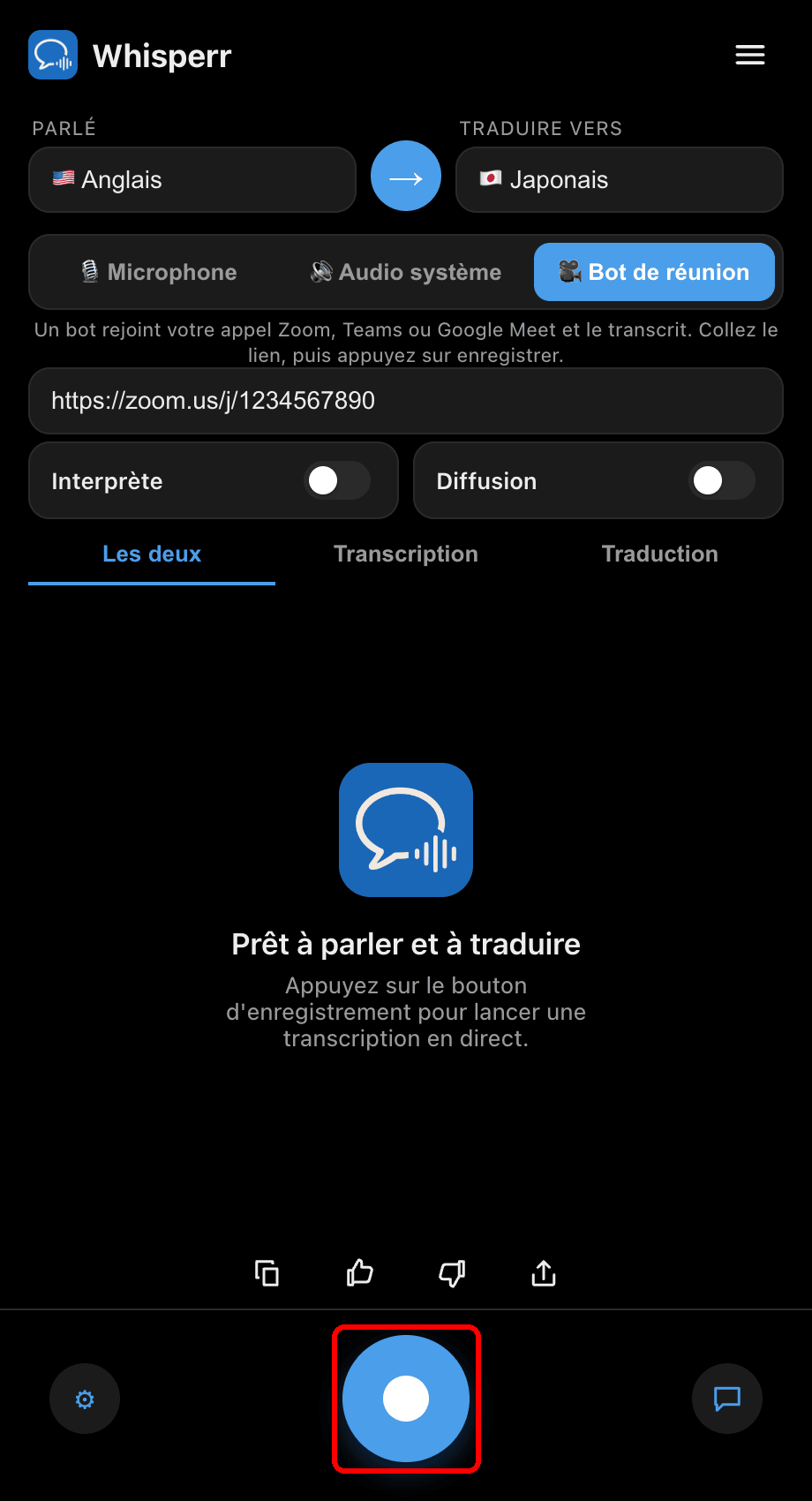 Clicking the record button to send the bot into the meeting in the Whisperr desktop app