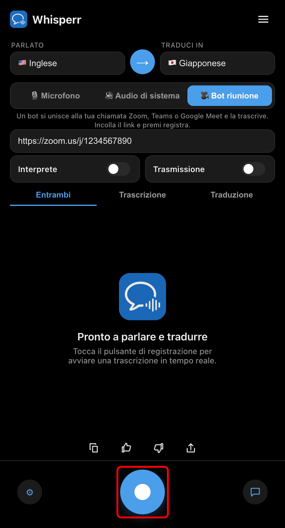 Clicking the record button to send the bot into the meeting in the Whisperr desktop app
