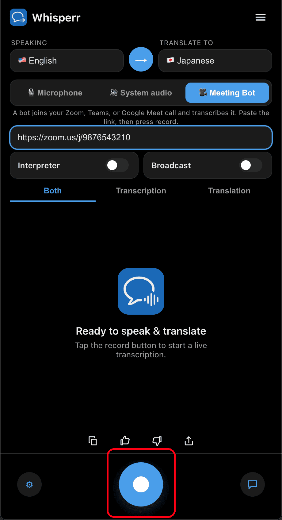 Clicking the record button to send the bot into the meeting in the Whisperr desktop app