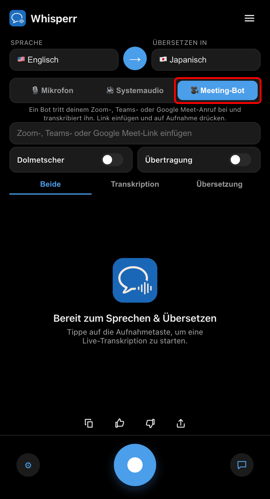 Selecting the Meeting Bot audio source in the Whisperr desktop app