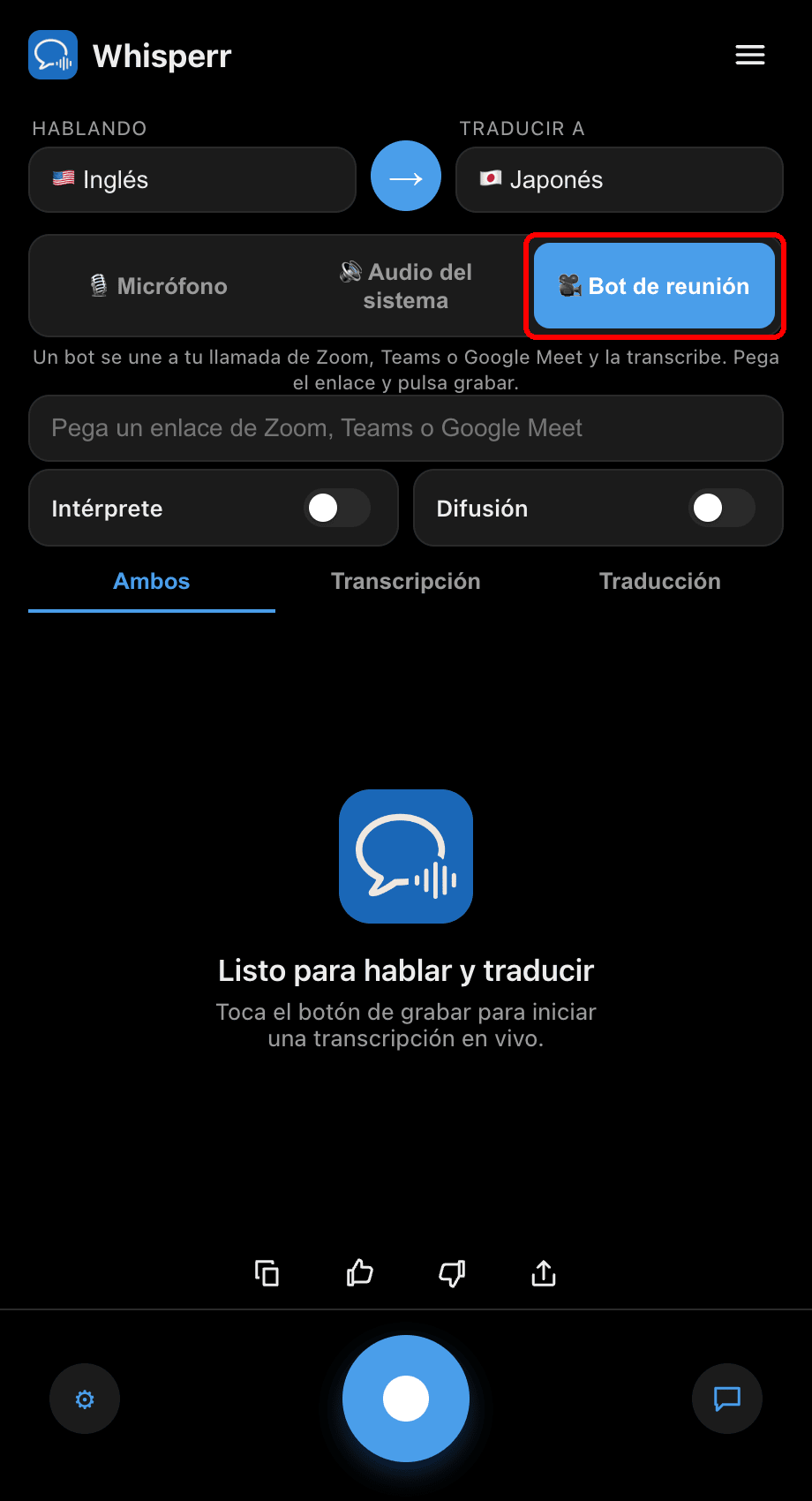 Selecting the Meeting Bot audio source in the Whisperr desktop app