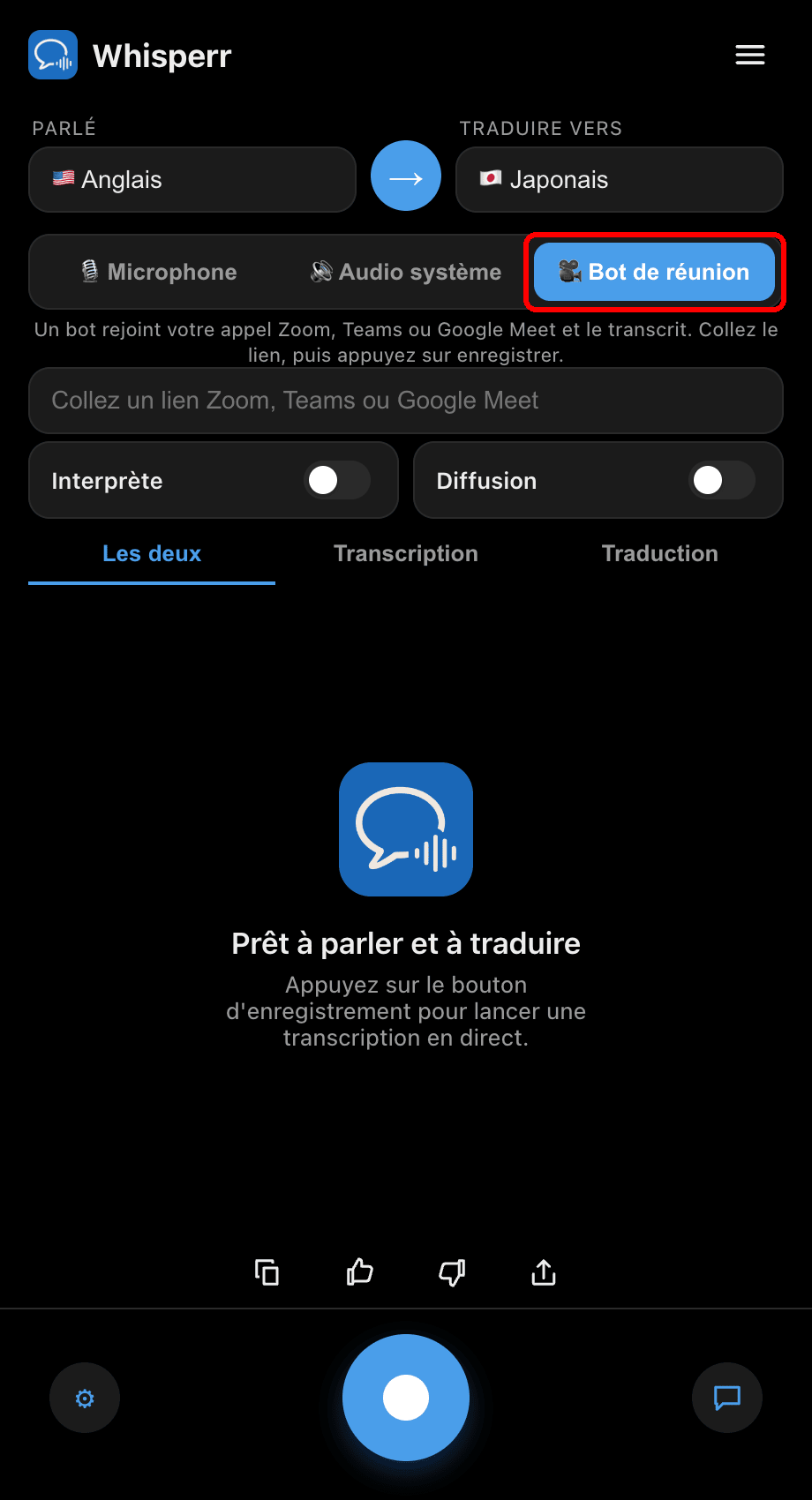 Selecting the Meeting Bot audio source in the Whisperr desktop app