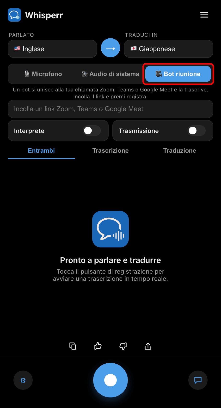 Selecting the Meeting Bot audio source in the Whisperr desktop app