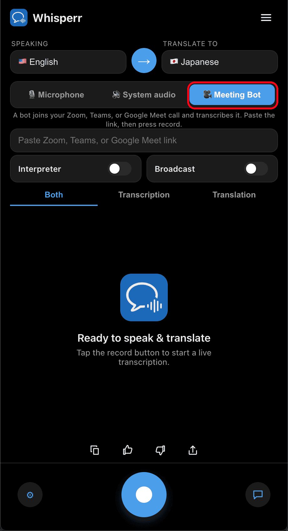 Selecting the Meeting Bot audio source in the Whisperr desktop app