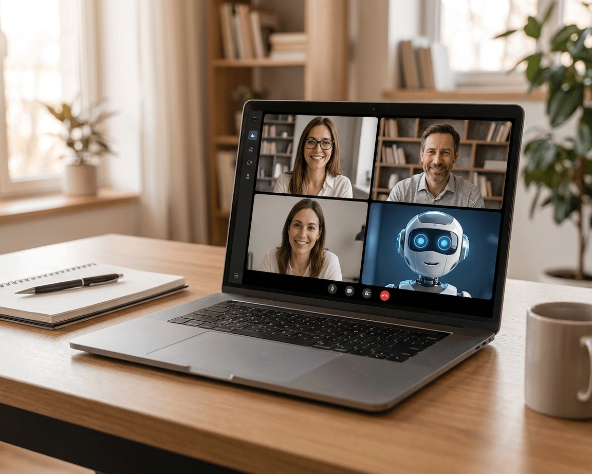 An online video call with four participants — three people and the Whisperr meeting bot