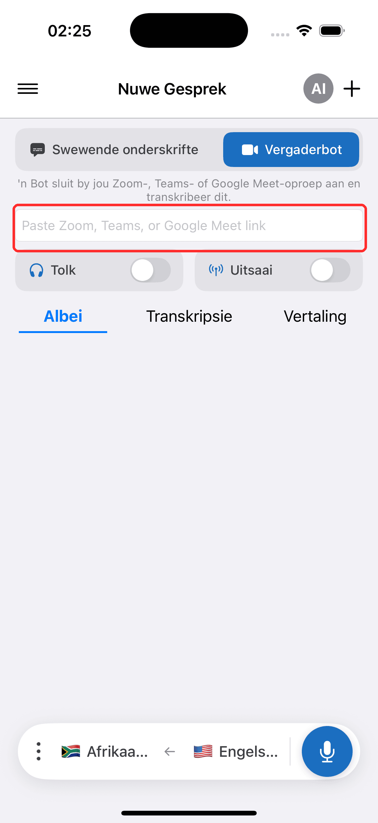 Pasting the meeting link into the Meeting Bot field on iPhone