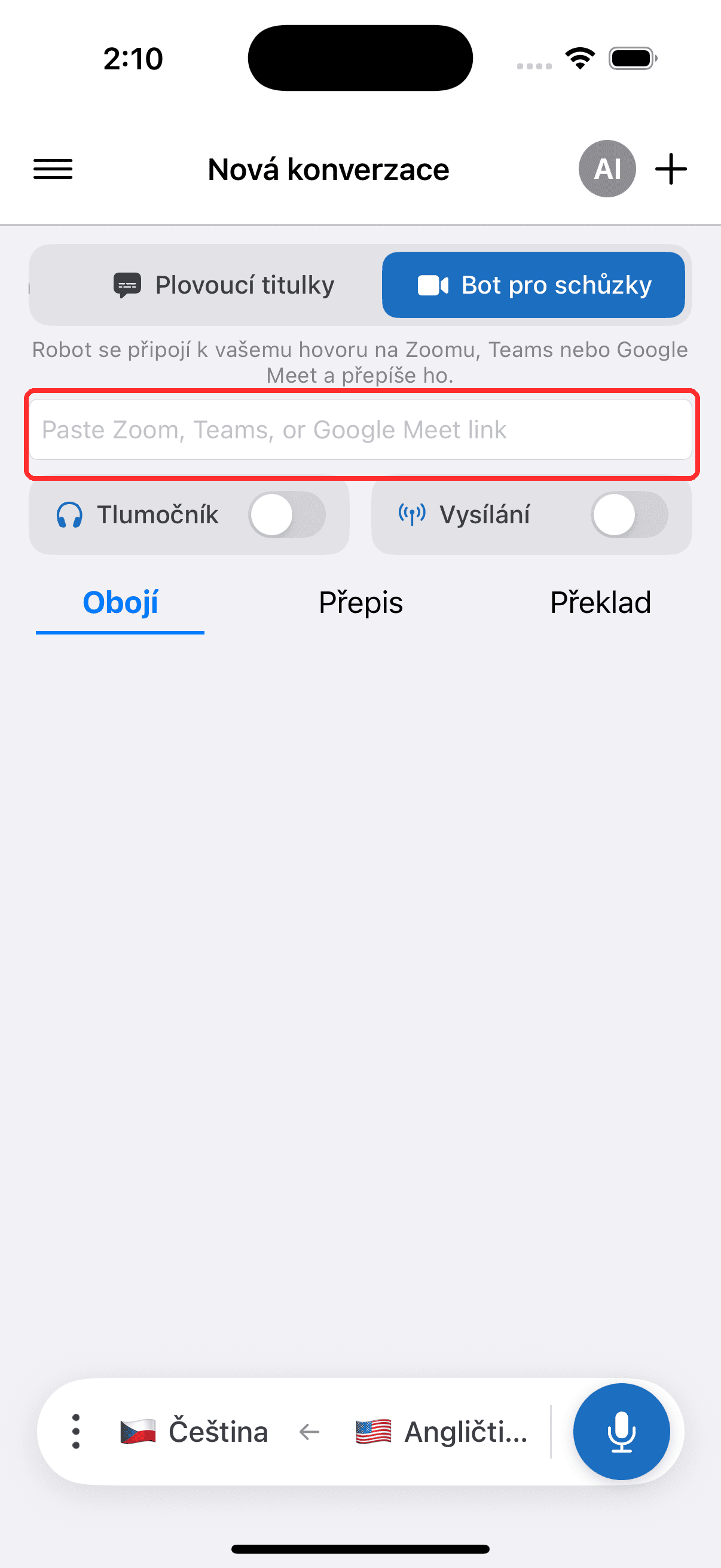 Pasting the meeting link into the Meeting Bot field on iPhone