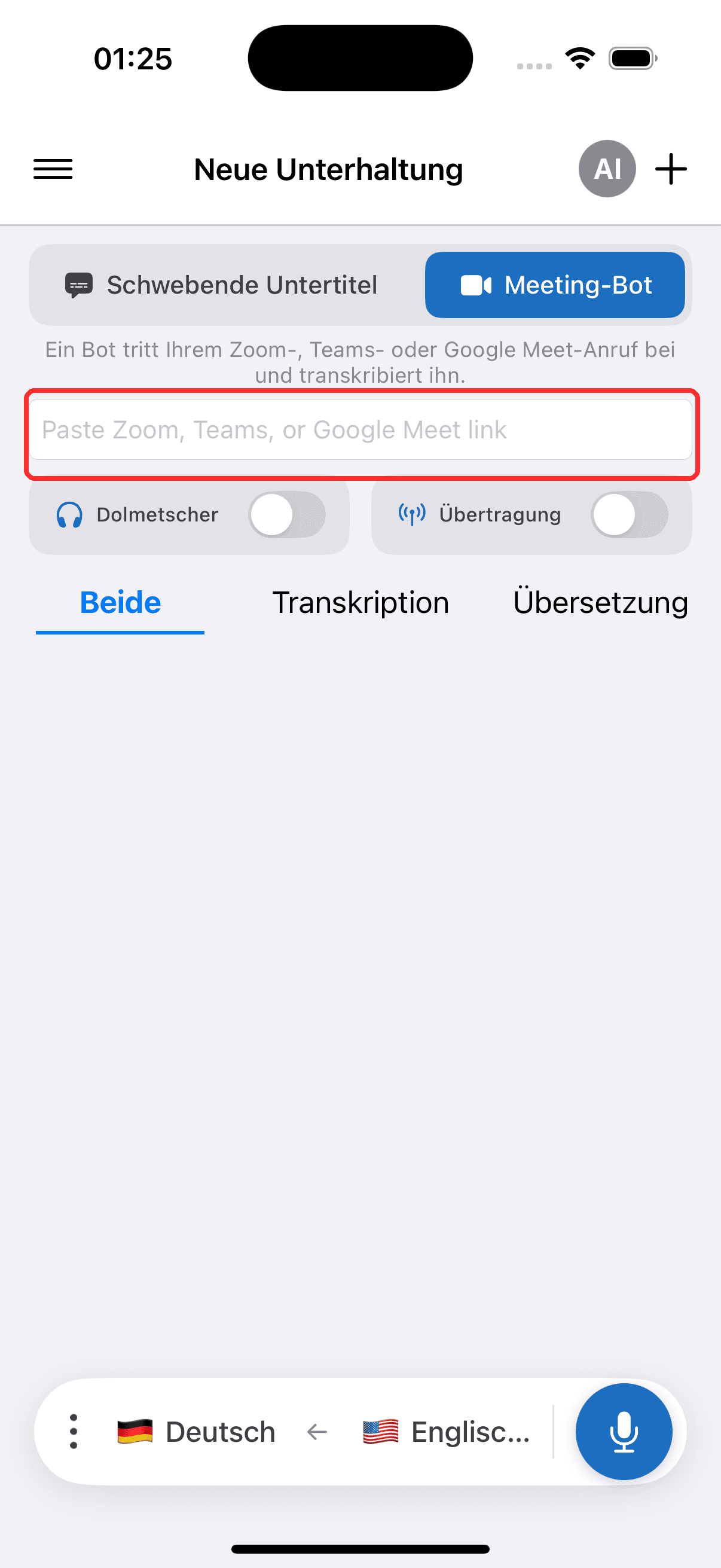 Pasting the meeting link into the Meeting Bot field on iPhone