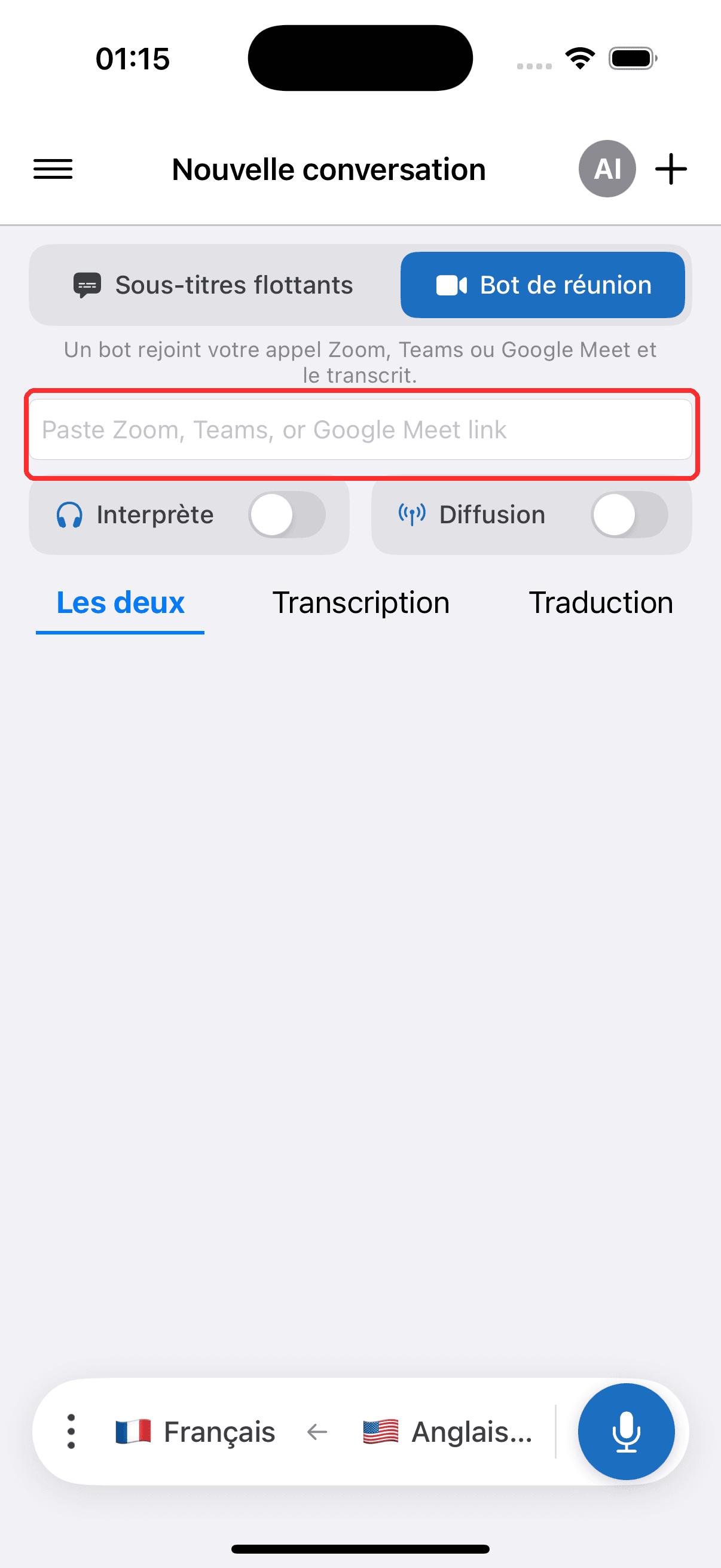 Pasting the meeting link into the Meeting Bot field on iPhone