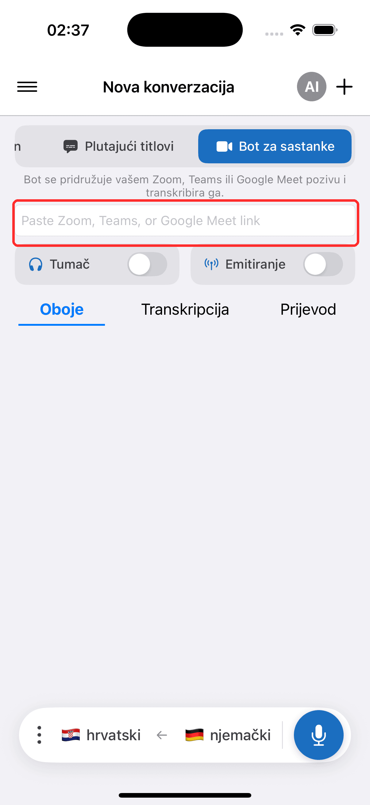 Pasting the meeting link into the Meeting Bot field on iPhone