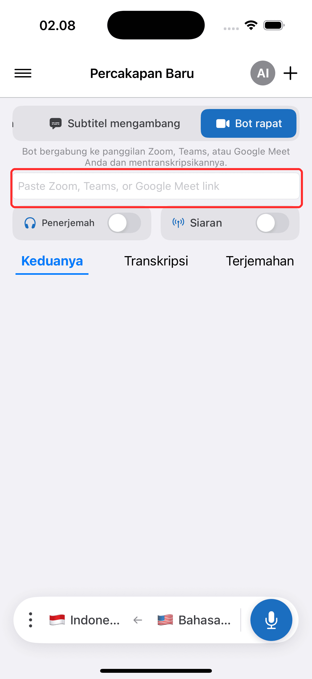 Pasting the meeting link into the Meeting Bot field on iPhone