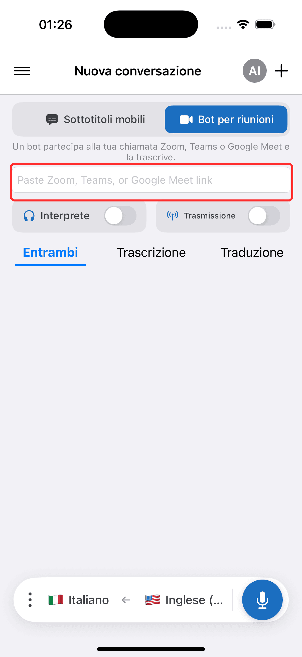 Pasting the meeting link into the Meeting Bot field on iPhone