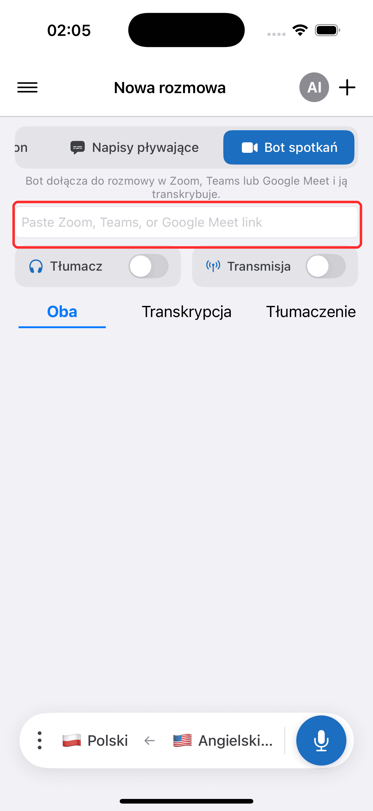 Pasting the meeting link into the Meeting Bot field on iPhone