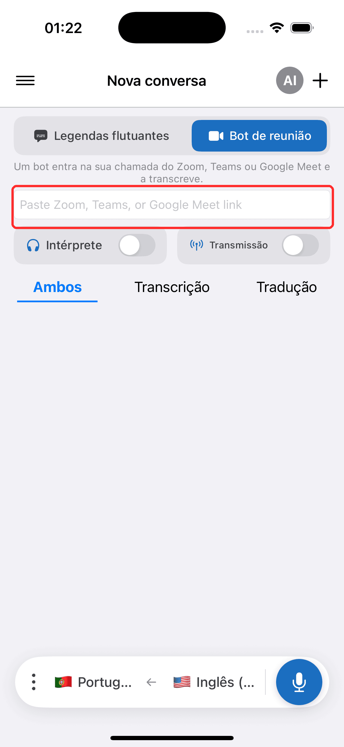 Pasting the meeting link into the Meeting Bot field on iPhone