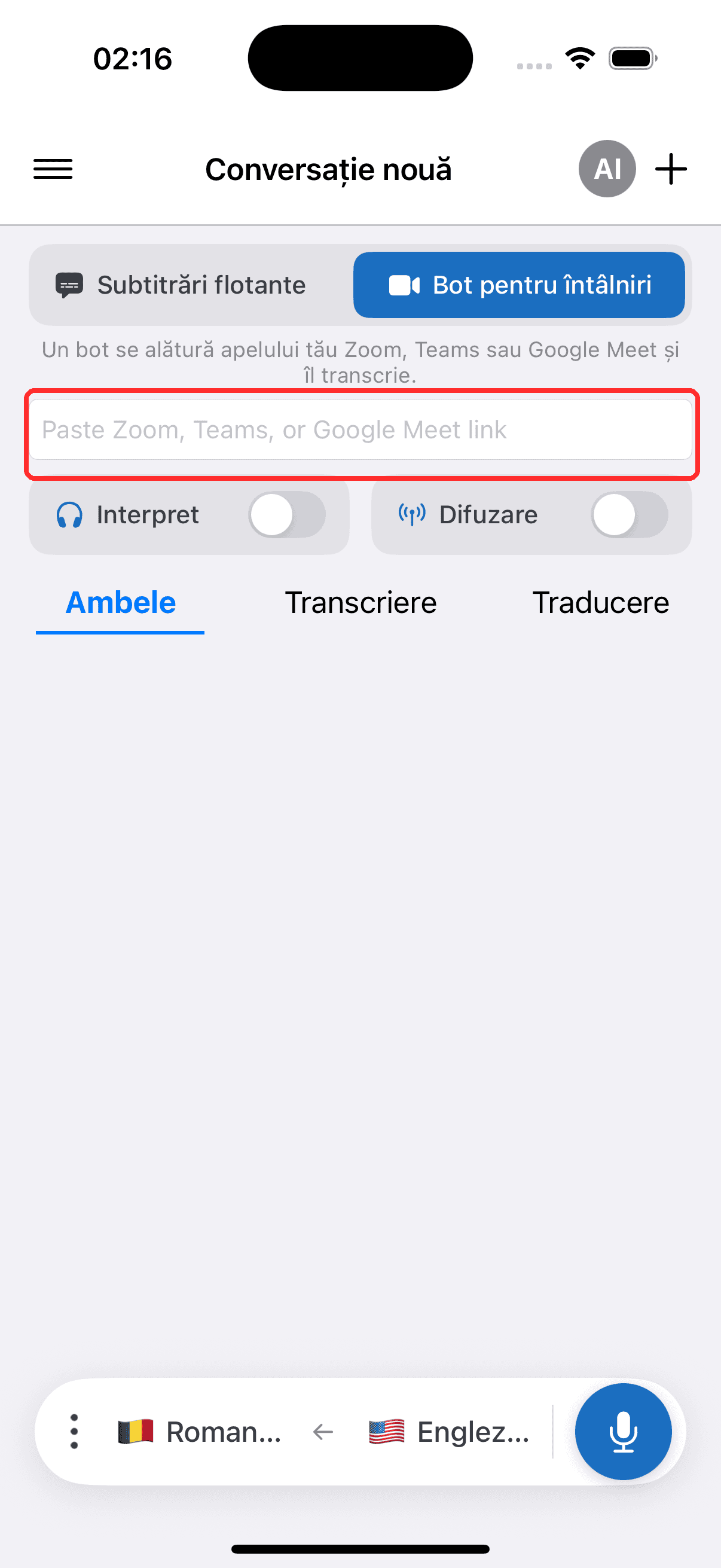 Pasting the meeting link into the Meeting Bot field on iPhone