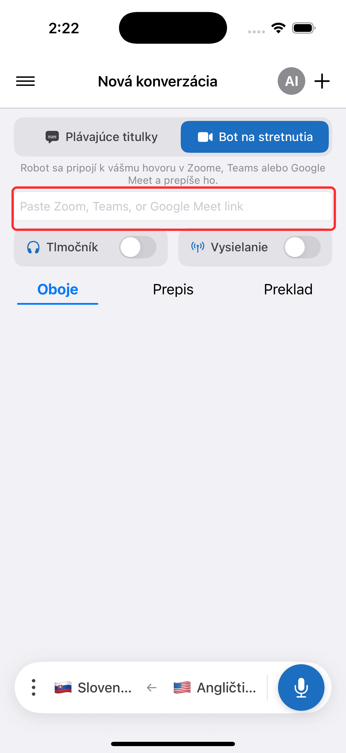 Pasting the meeting link into the Meeting Bot field on iPhone