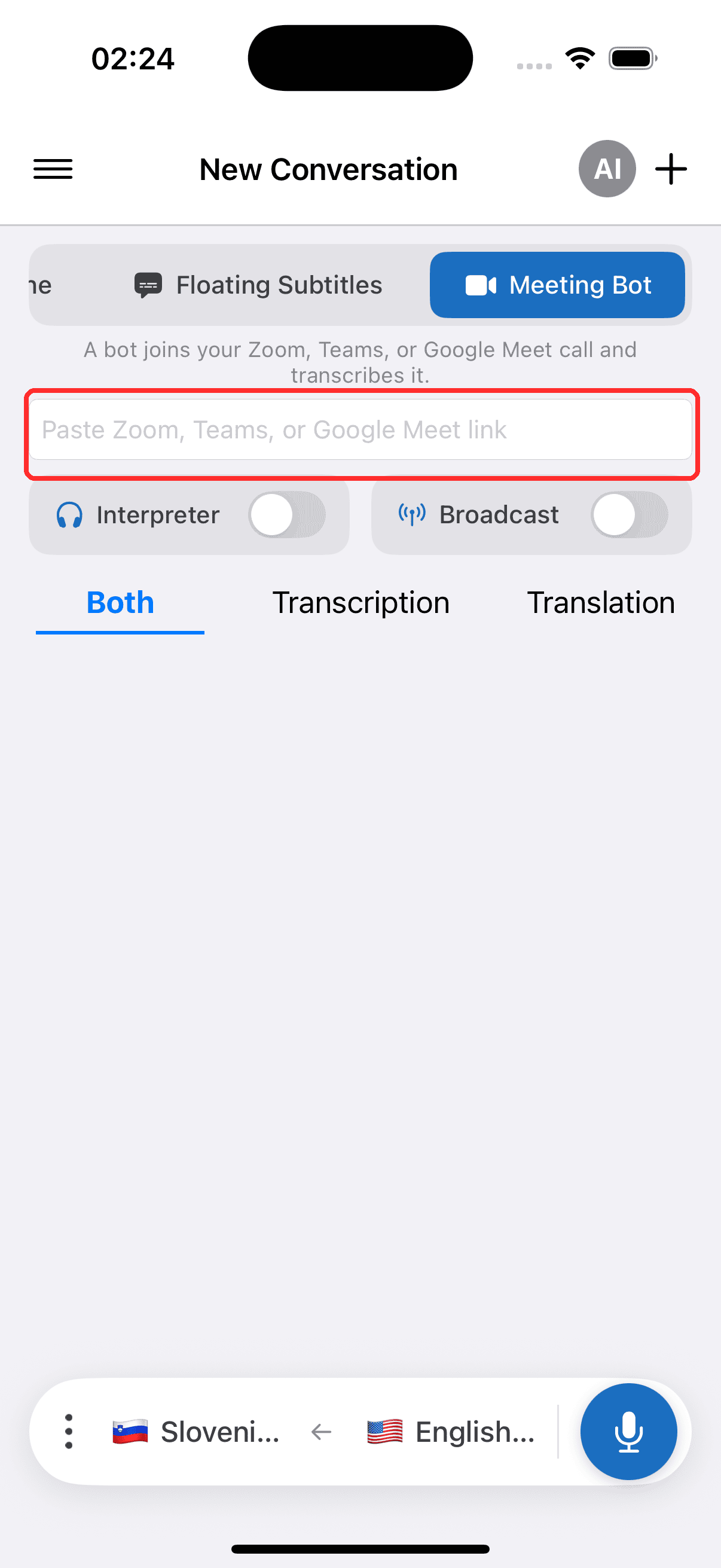 Pasting the meeting link into the Meeting Bot field on iPhone