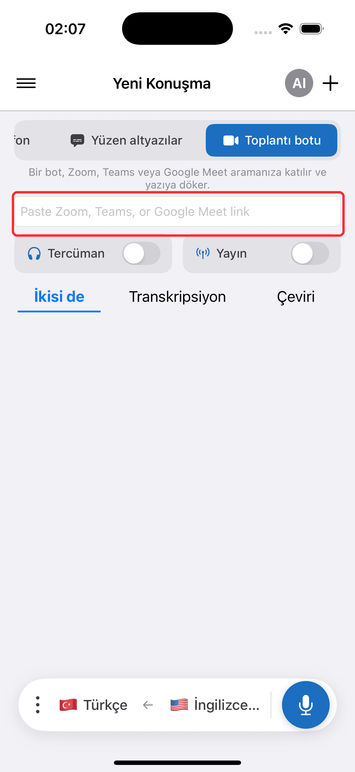 Pasting the meeting link into the Meeting Bot field on iPhone