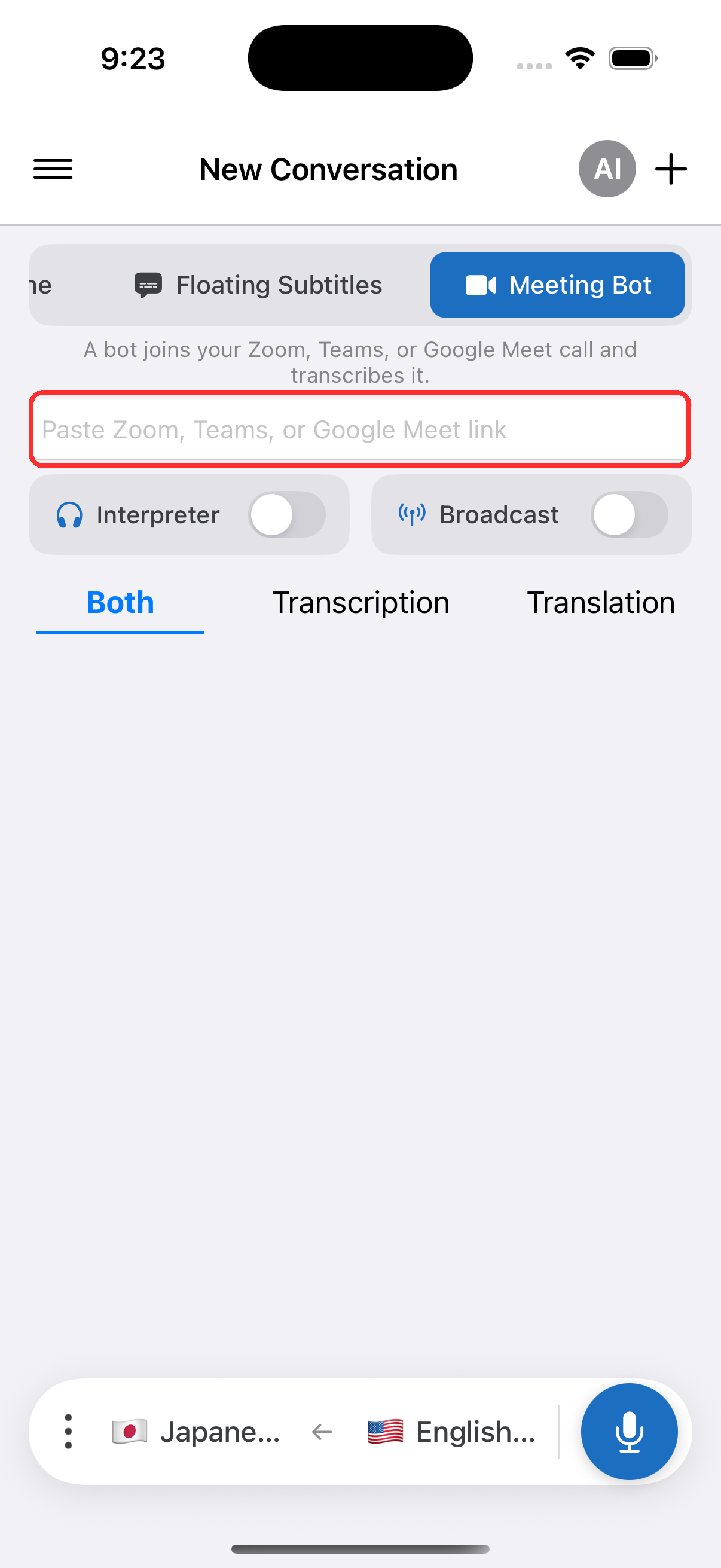 Pasting the meeting link into the Meeting Bot field on iPhone