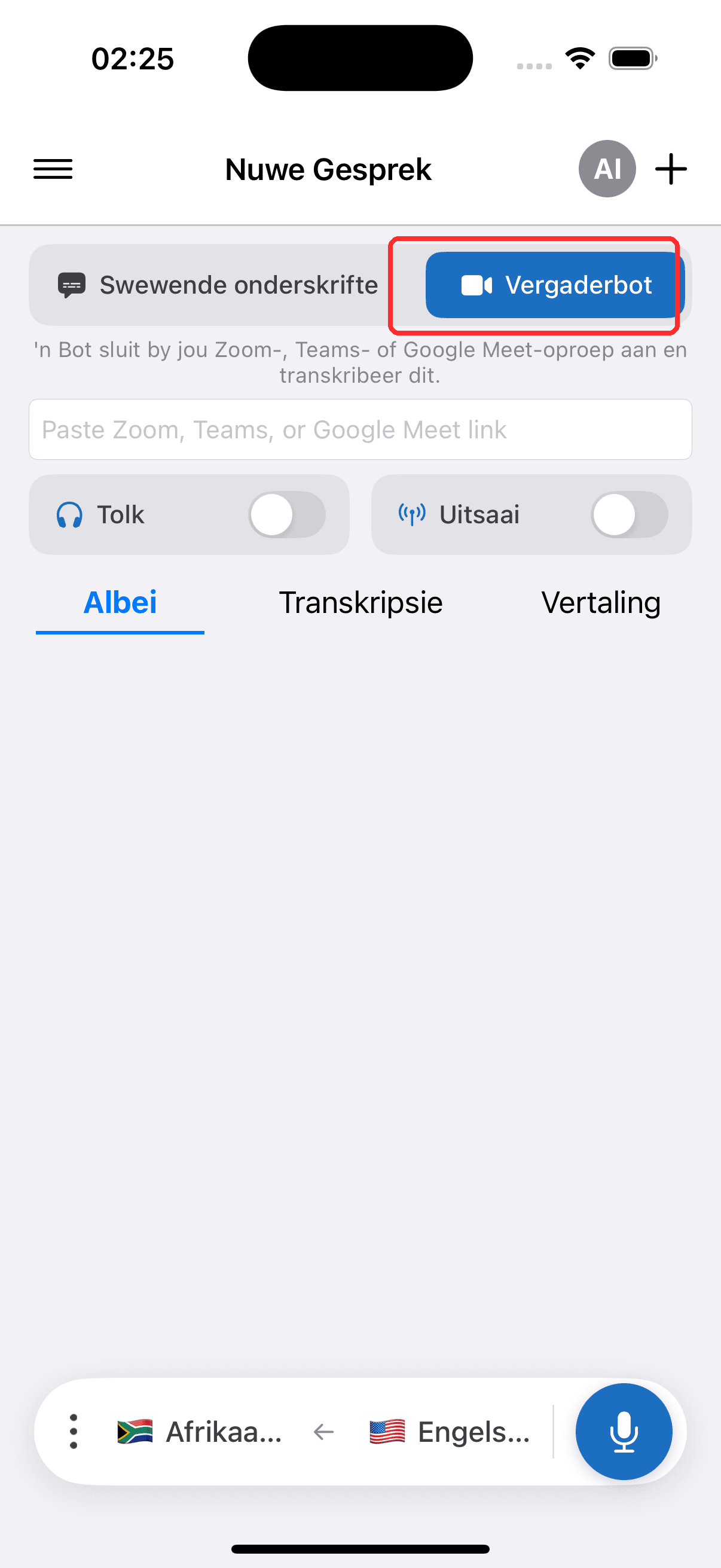 Selecting Meeting Bot in the top menu on iPhone