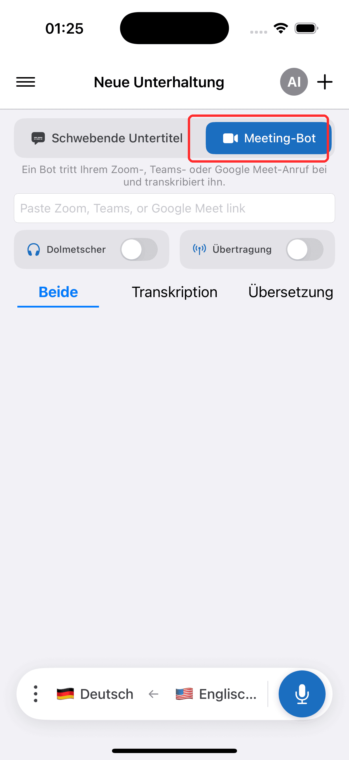 Selecting Meeting Bot in the top menu on iPhone