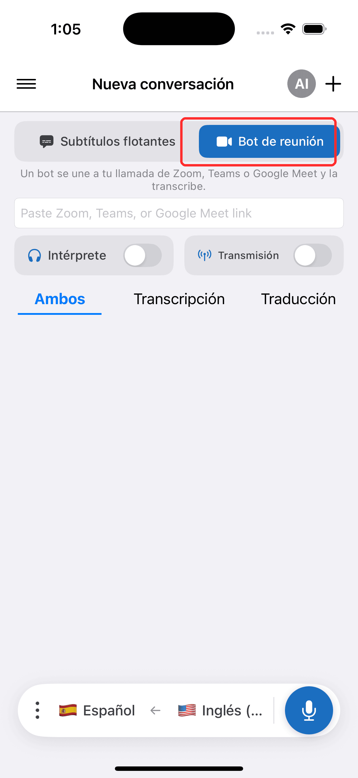 Selecting Meeting Bot in the top menu on iPhone
