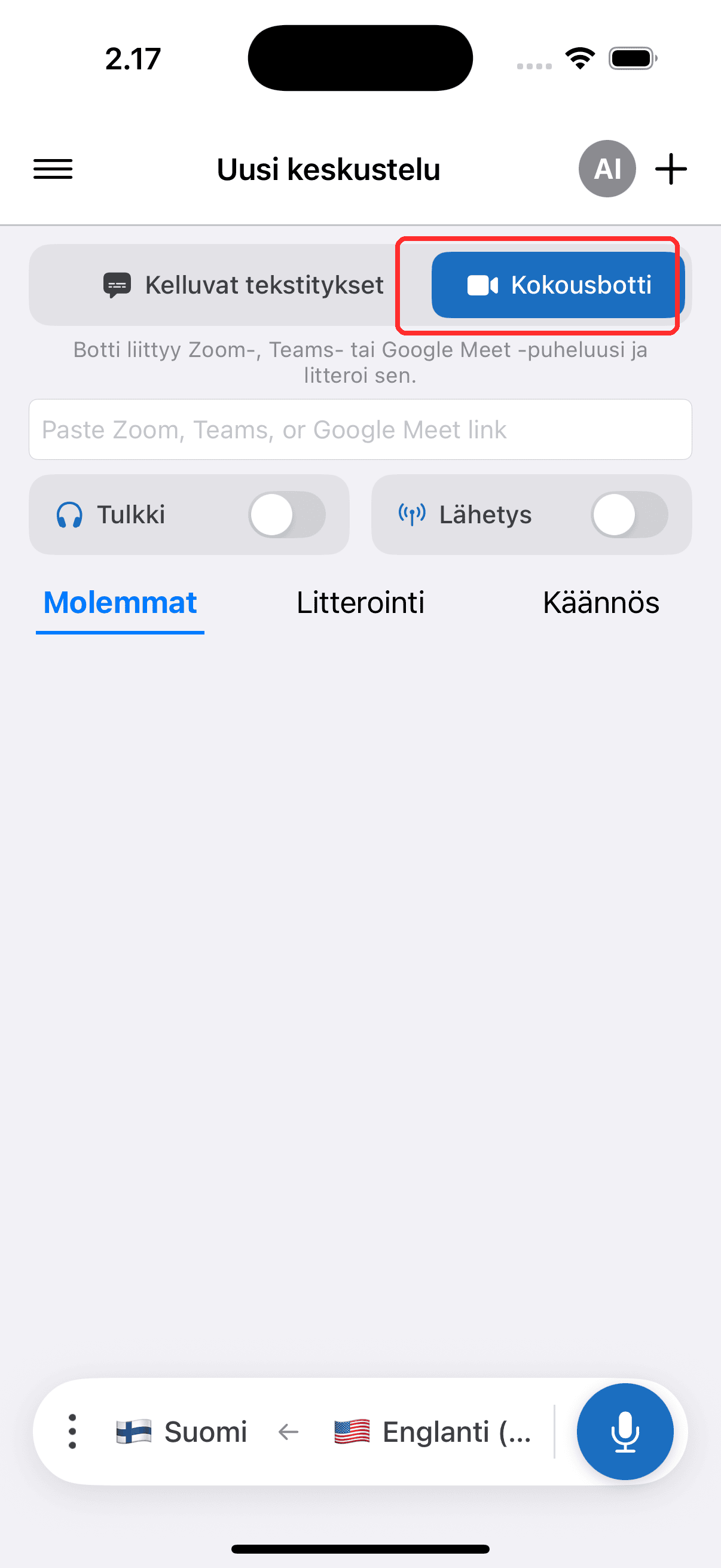 Selecting Meeting Bot in the top menu on iPhone