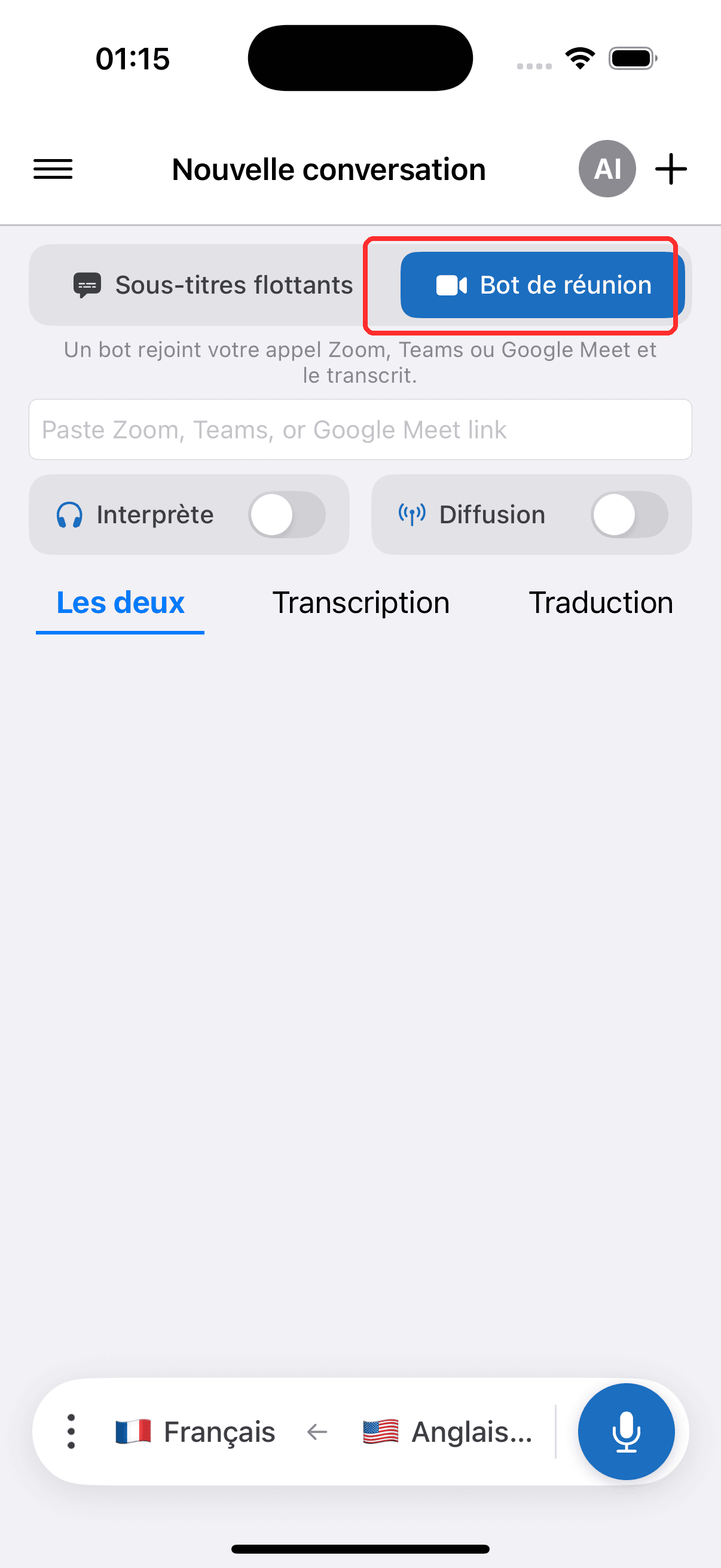 Selecting Meeting Bot in the top menu on iPhone