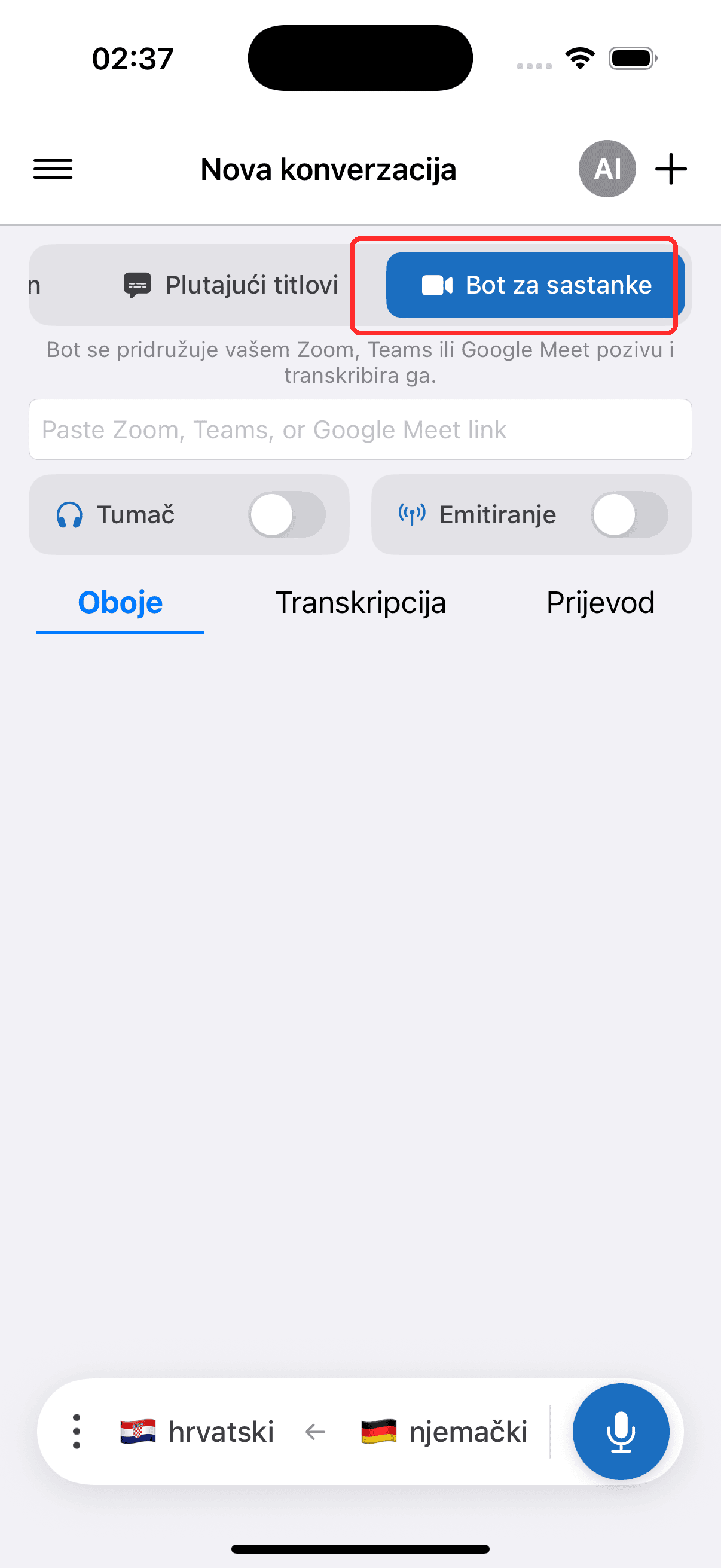 Selecting Meeting Bot in the top menu on iPhone