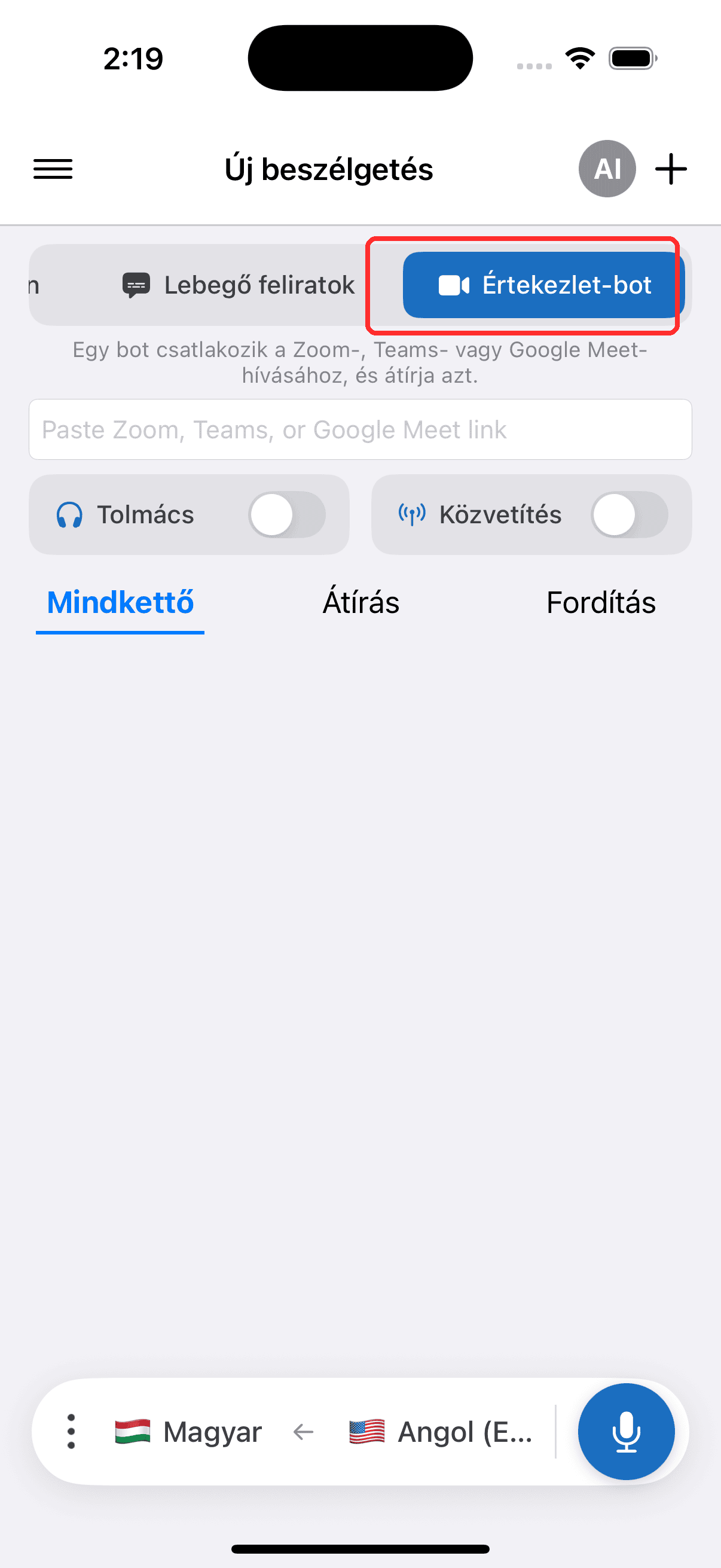Selecting Meeting Bot in the top menu on iPhone