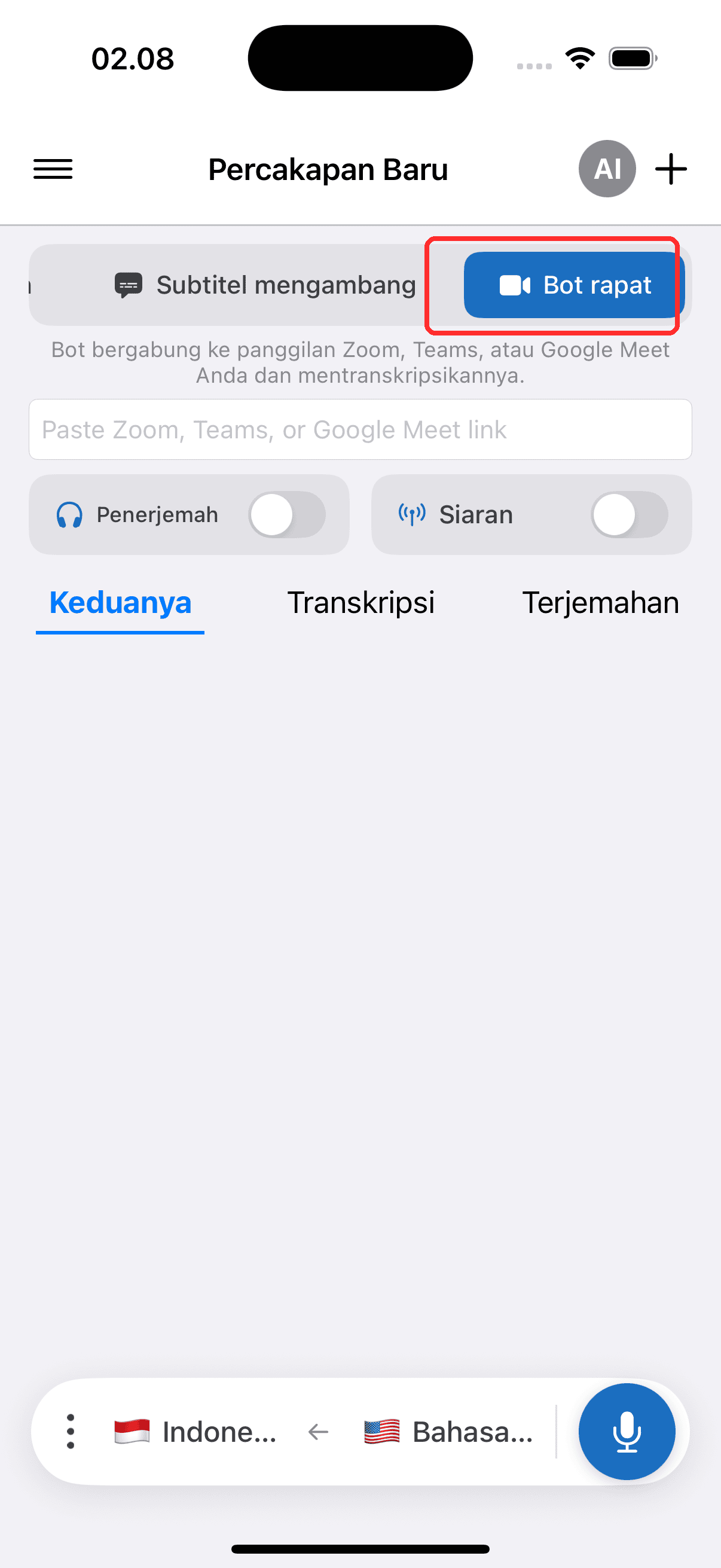 Selecting Meeting Bot in the top menu on iPhone