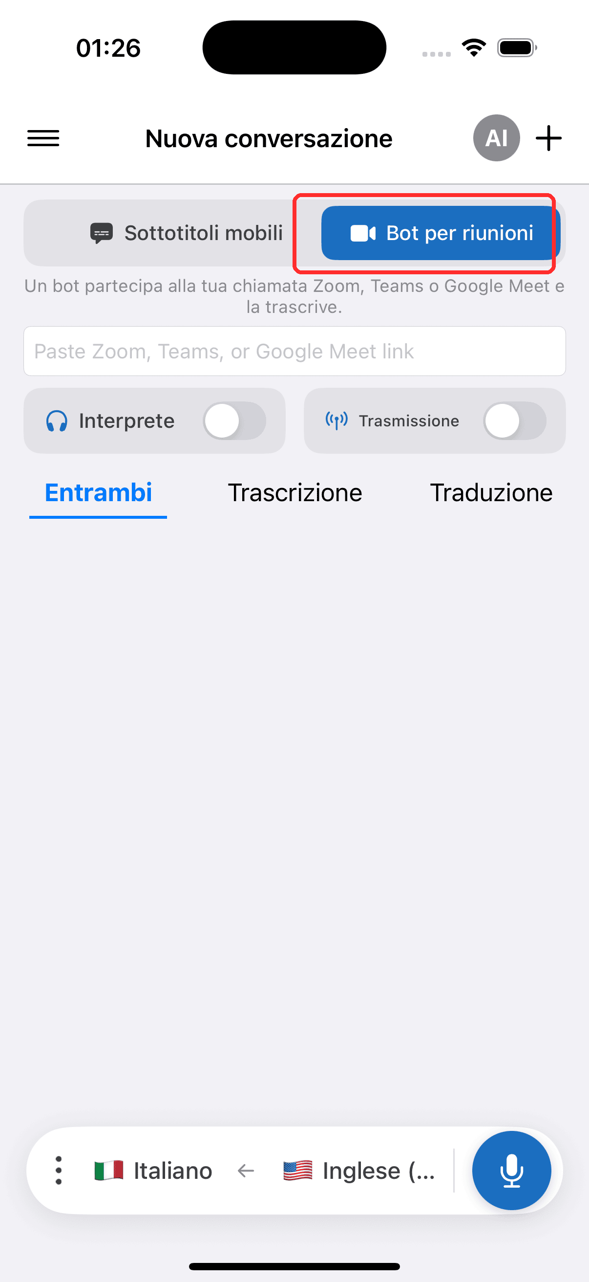 Selecting Meeting Bot in the top menu on iPhone