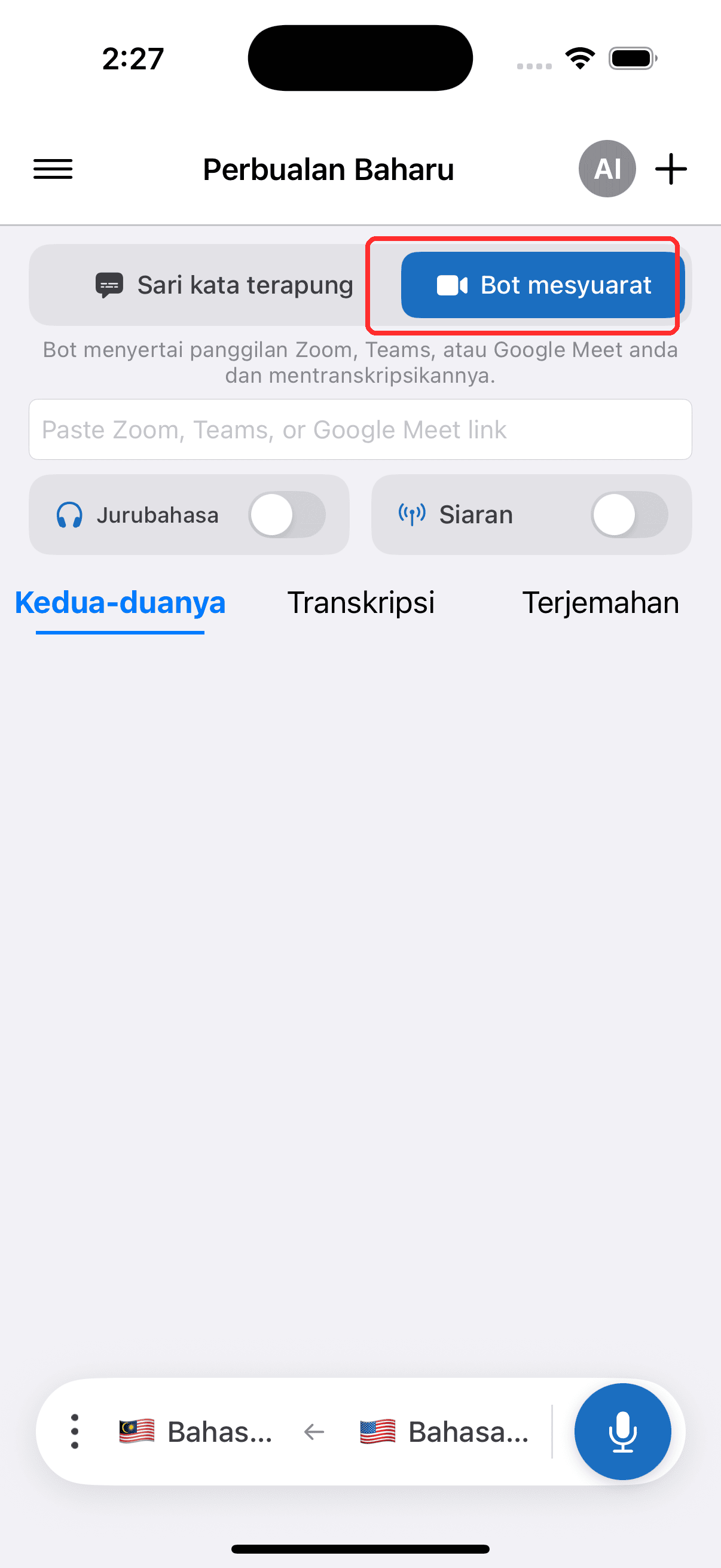 Selecting Meeting Bot in the top menu on iPhone