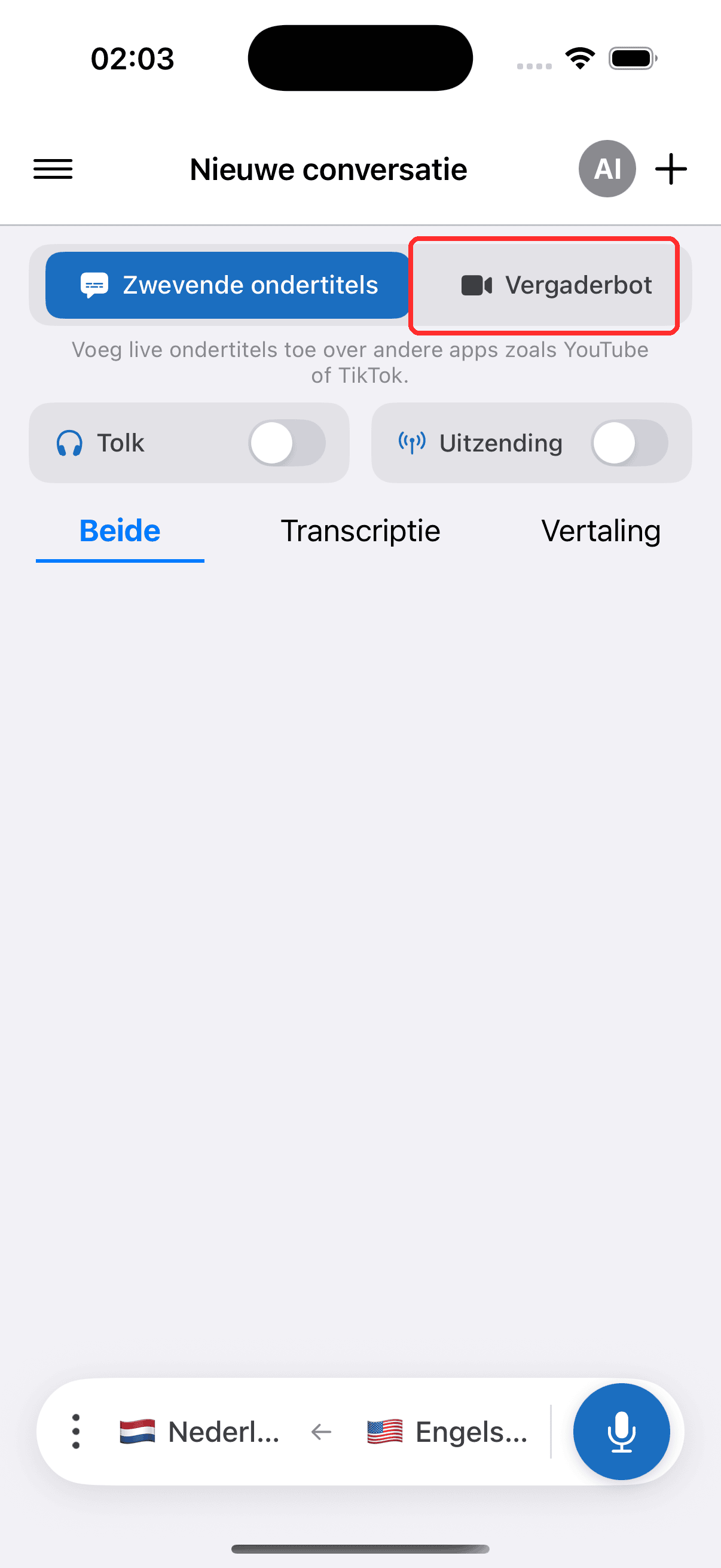 Selecting Meeting Bot in the top menu on iPhone