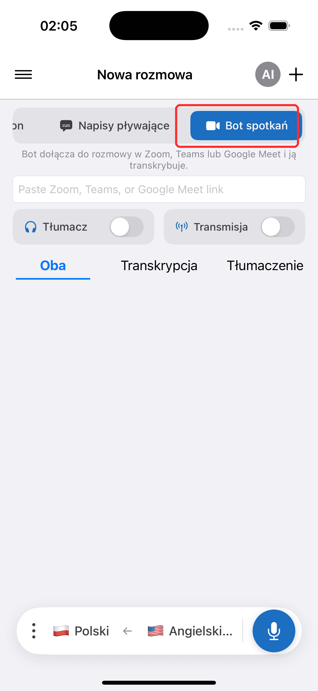 Selecting Meeting Bot in the top menu on iPhone
