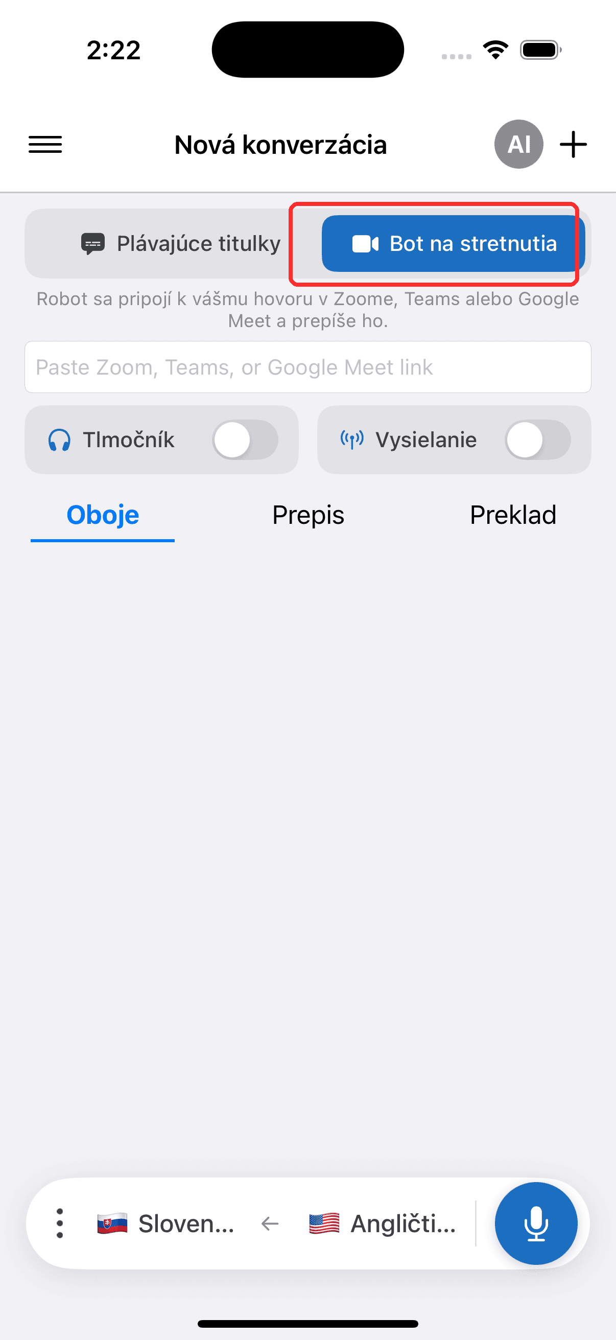 Selecting Meeting Bot in the top menu on iPhone